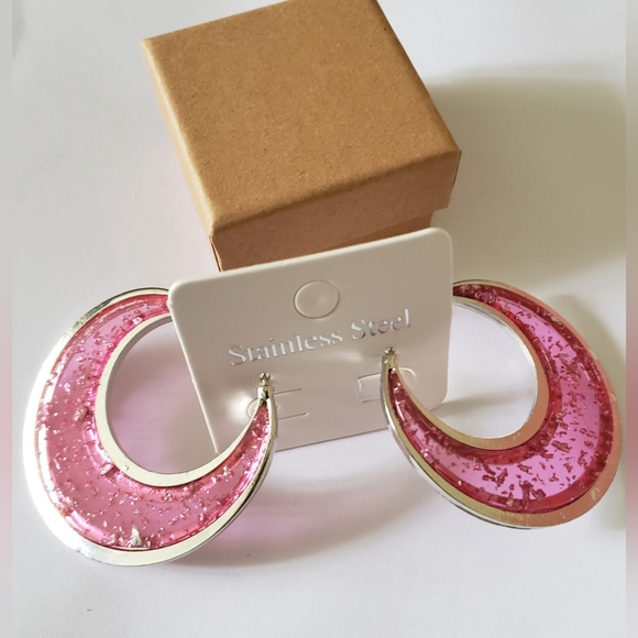 Jewelry - Silver and Pink half moon hoop earrings, hypoallergenic, NWT